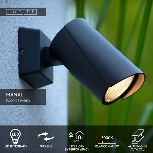 Lucide MANAL - Foco de pared / Lámpara de pared Dentro/Fuera - LED - 1x13W 3000K - IP65 - Antracita - USP